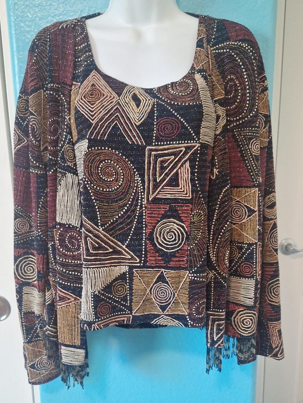 VTG Joseph Ribkoff Black, Mulberry & Gold Geometric Knit Jacket and Shell
